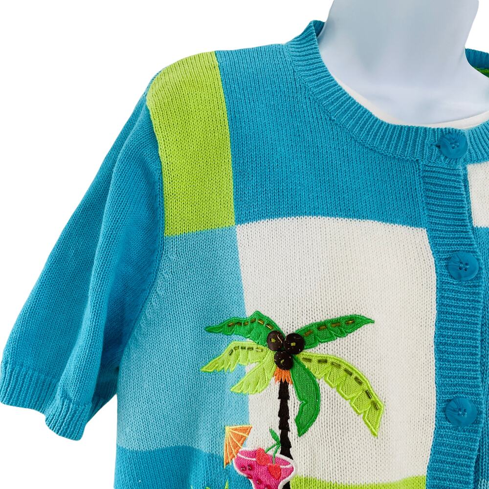 BRECKENRIDGE Blue Green White Tropical Drink Top & Cardigan Sweater Set S/M - Picture 5 of 12